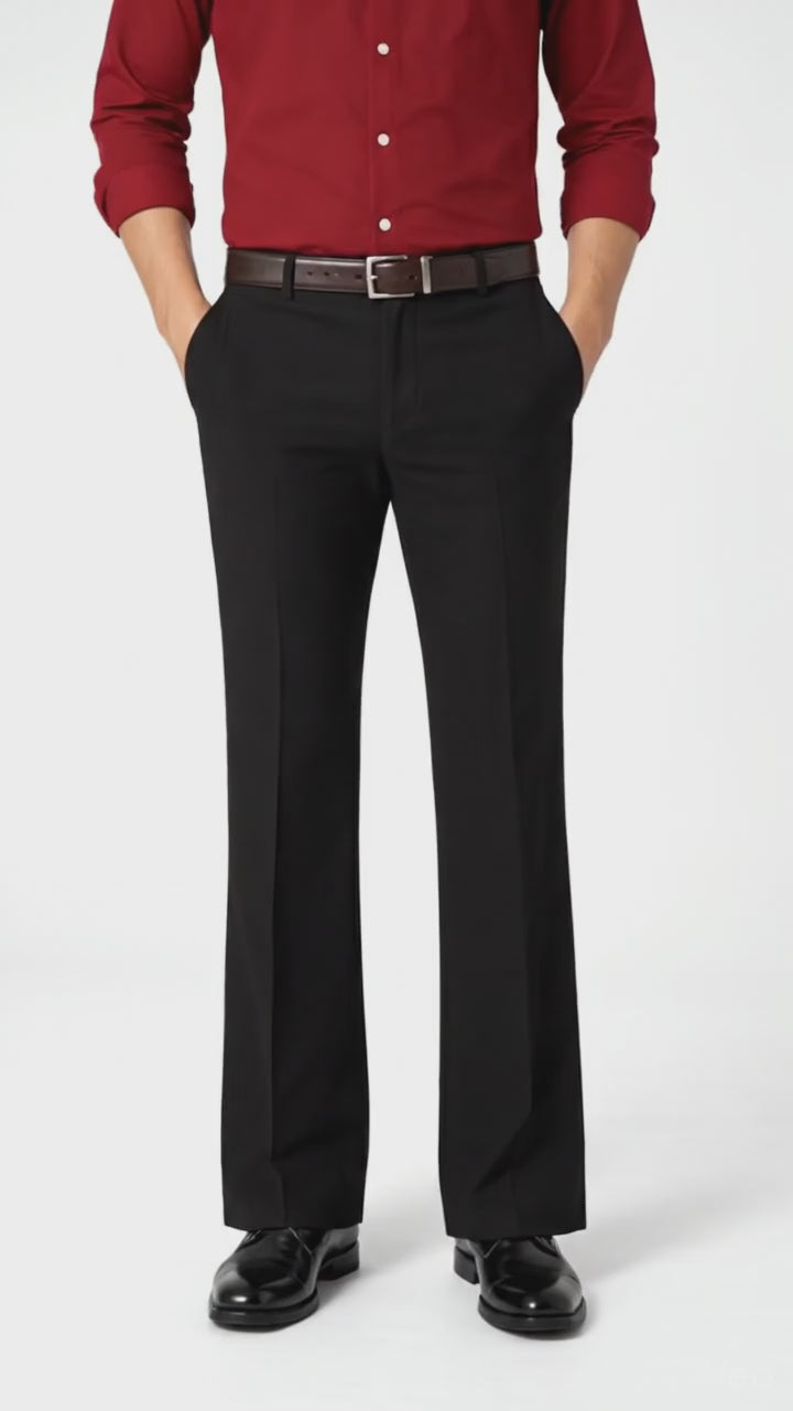 Men’s black bootcut trousers in premium Japanese fabric, stretchable formal pants for men showing side and back fit